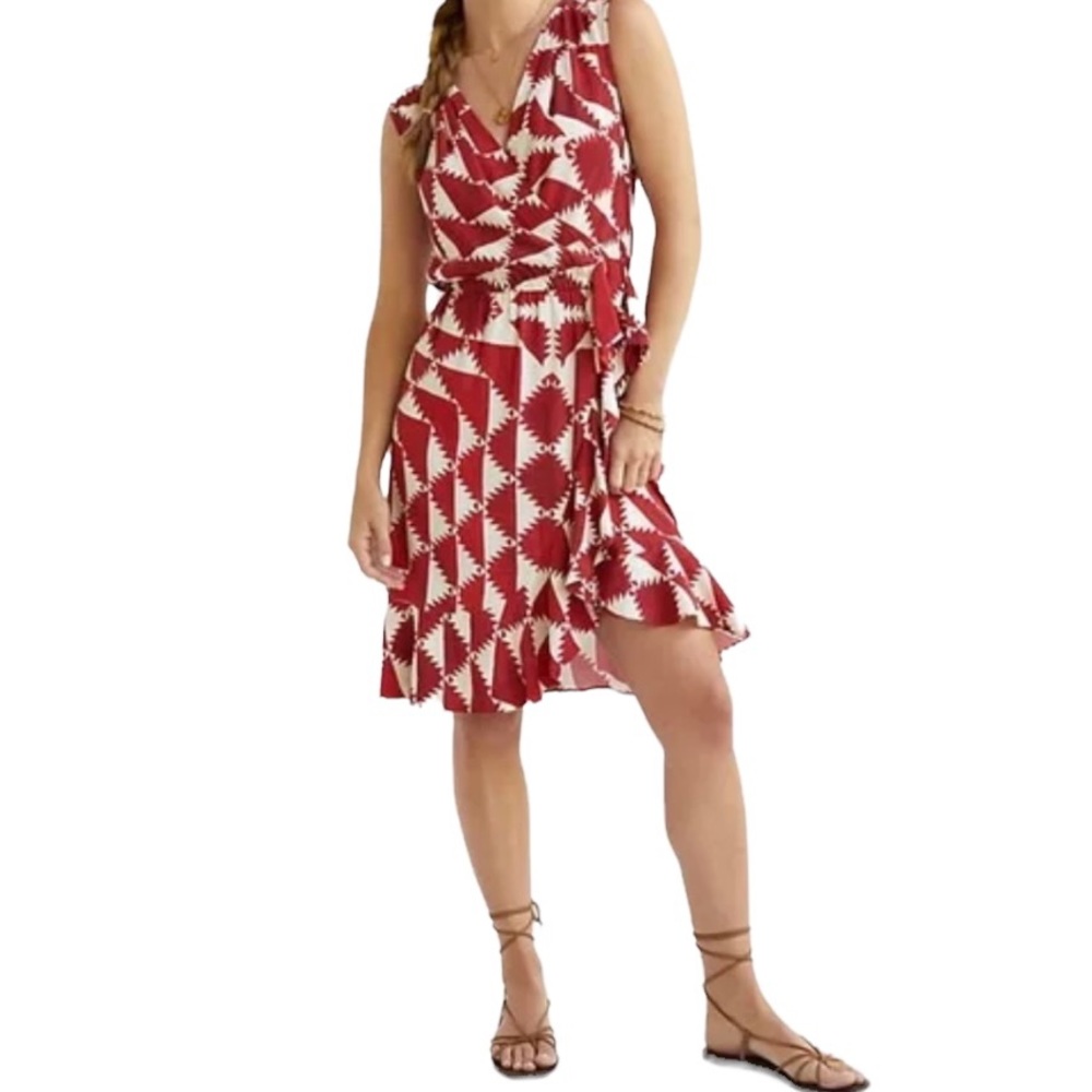 Plenty by Tracy Reese Red and Creamy White Geometric Print Faux Wrap Dress